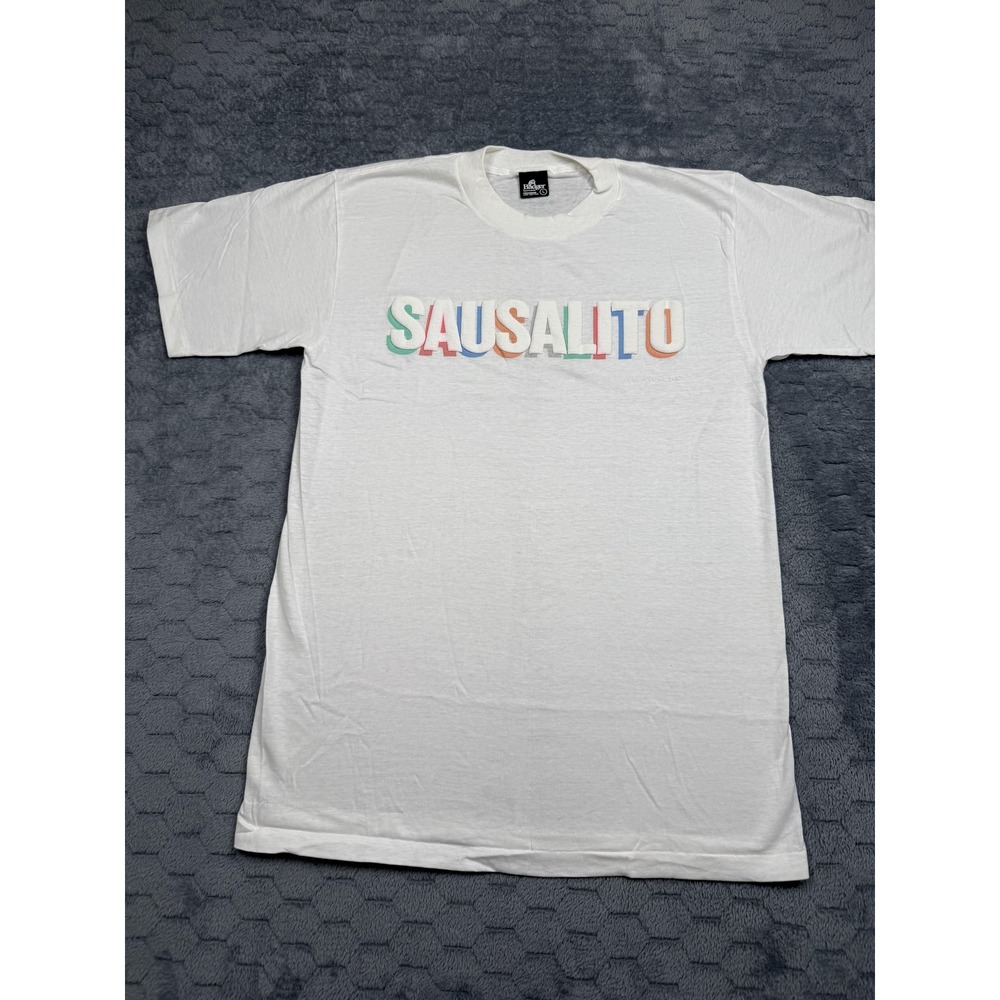 Vintage‎ Sausalito Shirt Mens Large White Badger 3D Puff Print 80s Bay Area USA